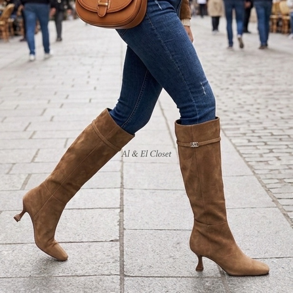 Sam Edelman Lyla Taupe Suede Knee High Boots Wide Calf Size 6.5 Kitten Heel NIB